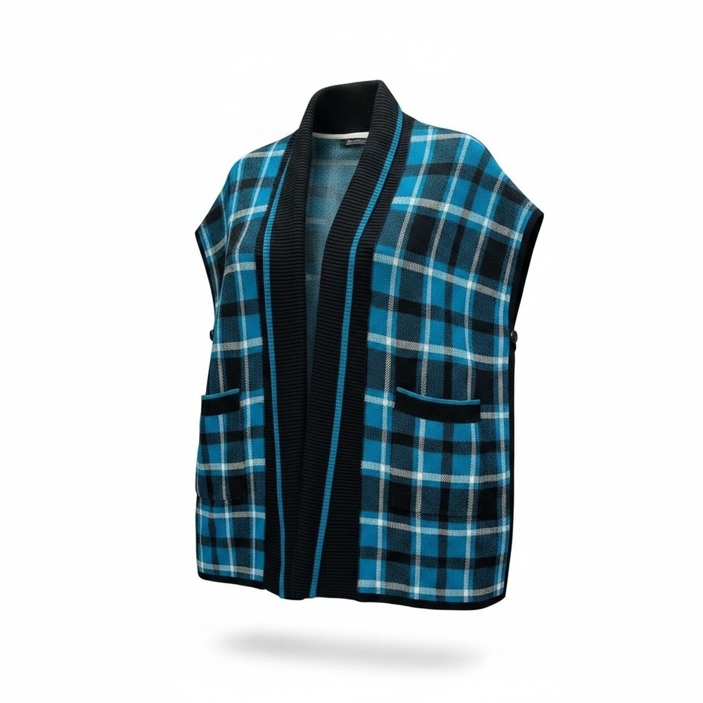 Sweater Vest Shawl SM Blue Plaid Open Front Knit Pocket Layering Fall Oversized